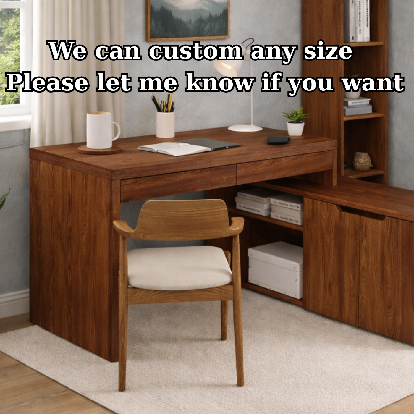 Solid Wood L-Shaped Desk with Bookshelf & Storage Cabinet – Modern Home Office Desk