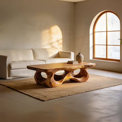 Organic Sculptural Natural Wood Coffee Table with Carved Base