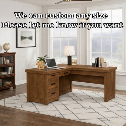 Solid Wood L Shaped Executive Office Desk with 4 Drawers and Corner Work Surface