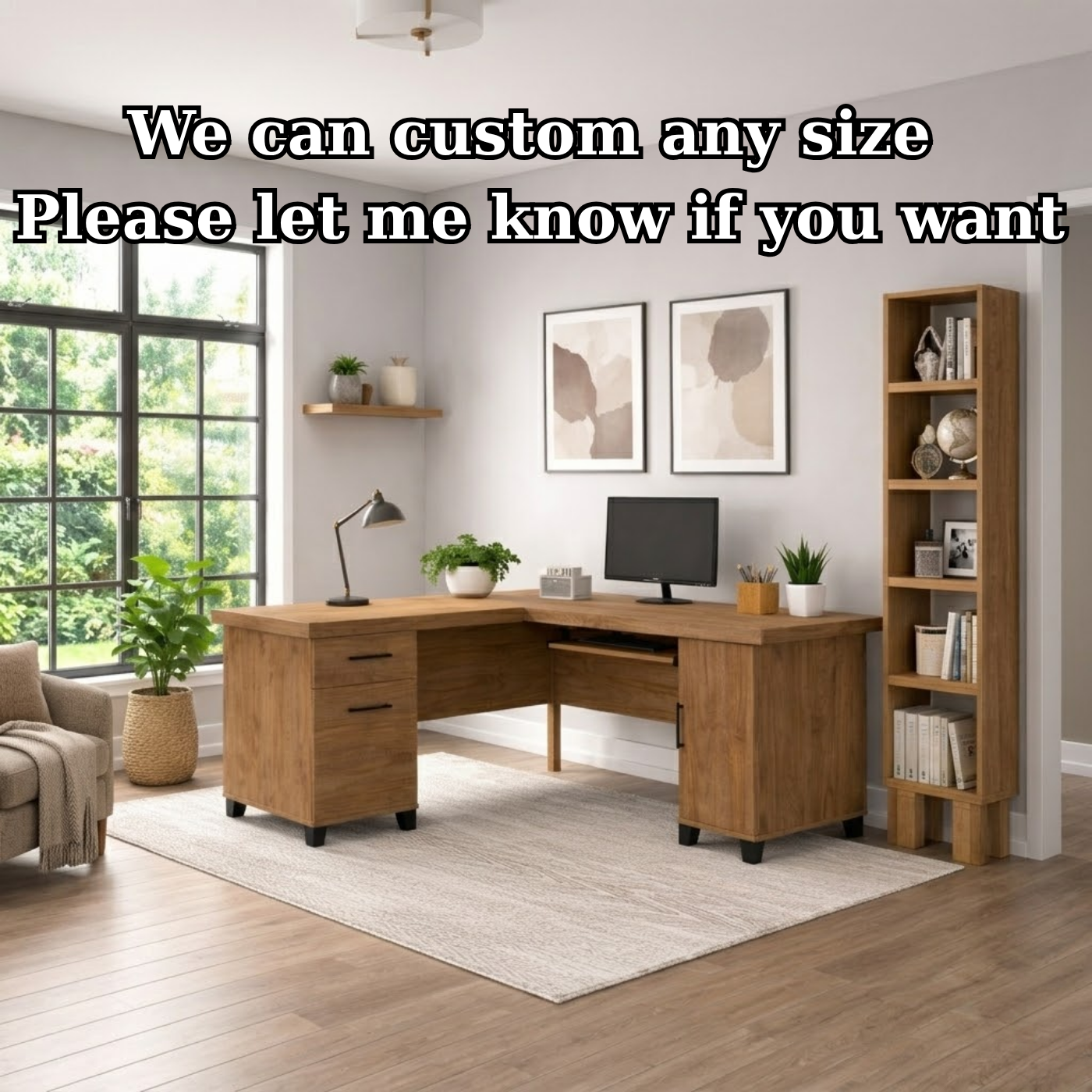 Solid Wood L Shaped Office Desk with 2 Drawers, Storage Cabinet and Keyboard Tray