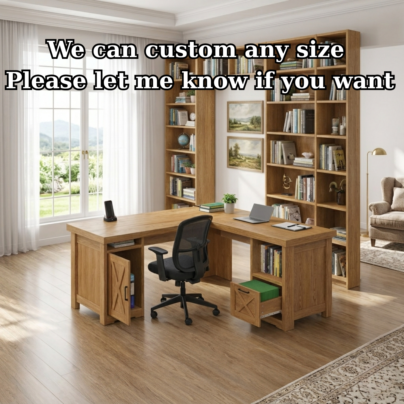 Solid Wood L Shaped Office Desk with Storage Cabinets and Shelves, Modern Wooden Executive Study Desk
