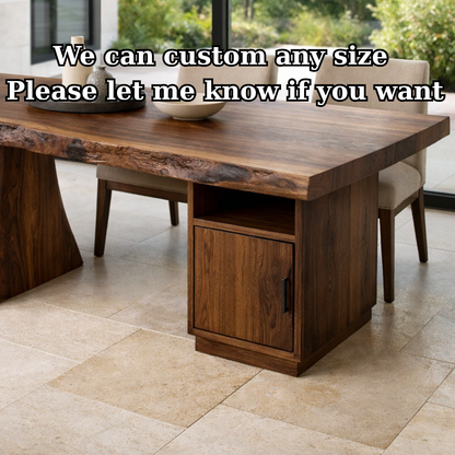 Solid Wood Live Edge Dining Table with Storage Cabinet and Sculptural Base