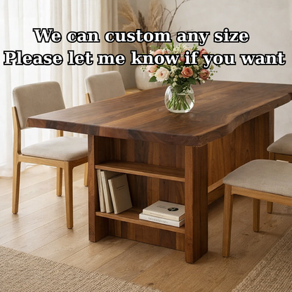 Solid Wood Live Edge Dining Table with Built-In Shelf Storage