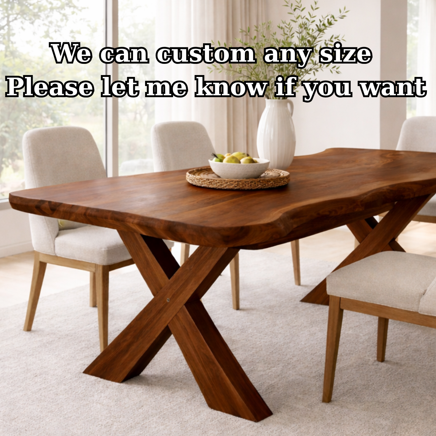 Solid Wood Live Edge Dining Table with X-Base Sculptural Legs