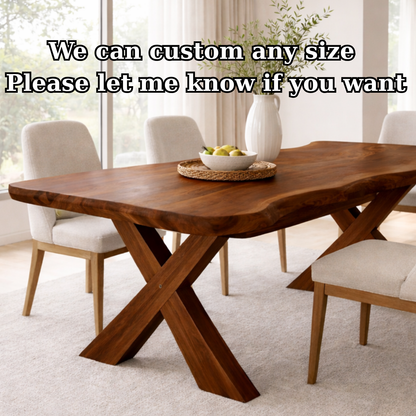 Solid Wood Live Edge Dining Table with X-Base Sculptural Legs