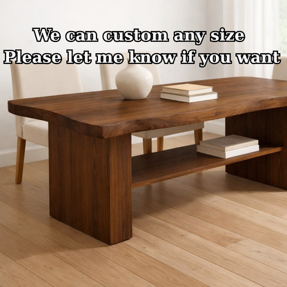 Solid Wood Dining Table with Thick Slab Top and Open Shelf Storage