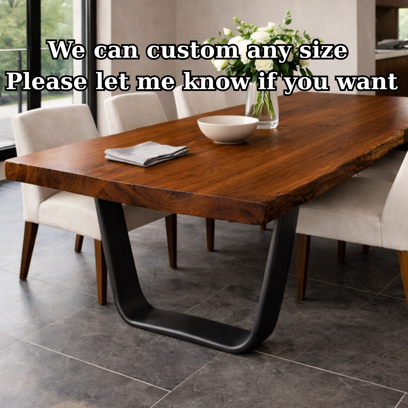 Solid Wood Live Edge Dining Table with Modern U-Shaped Metal Base