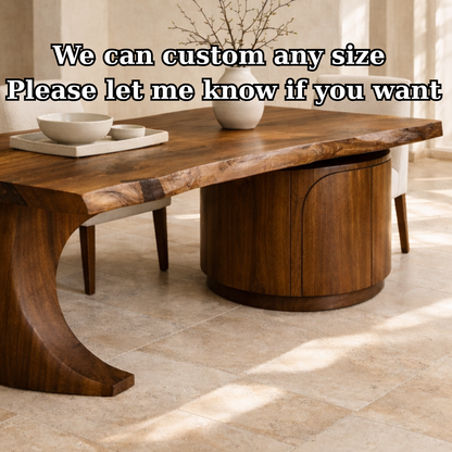 Solid Wood Live Edge Dining Table with Curved Base and Round Storage Cabinet