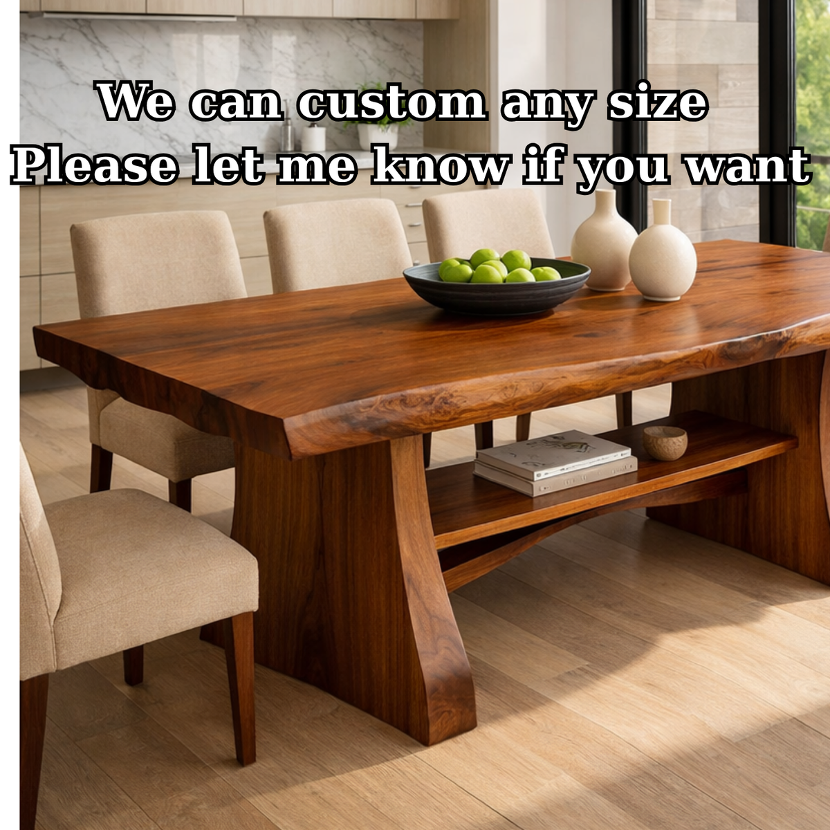 Solid Wood Live Edge Dining Table with Sculptural Base and Open Shelf
