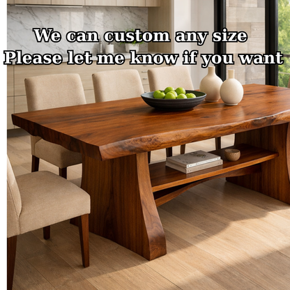 Solid Wood Live Edge Dining Table with Sculptural Base and Open Shelf
