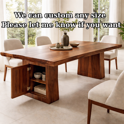 Solid Wood Dining Table with Thick Slab Top and Modern Block Base