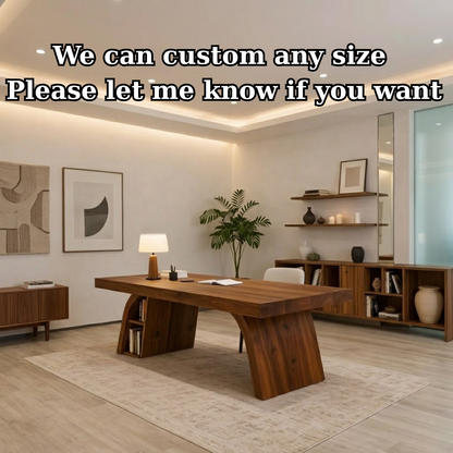 Solid Wood Desk with Thick Slab Top and Integrated Shelf Storage