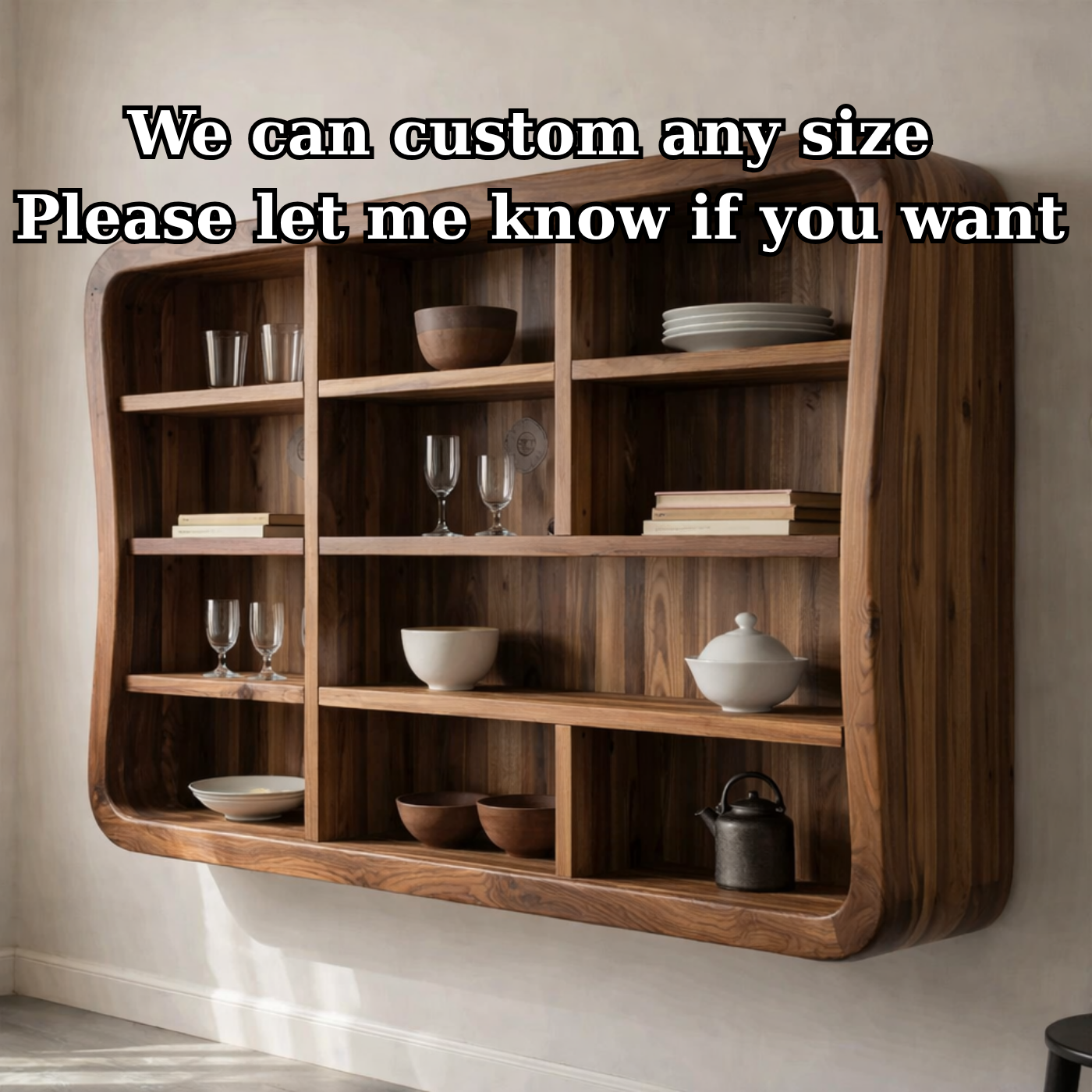 Solid Wood Kitchen Cabinet Shelf – Curved Floating Wall Storage Unit