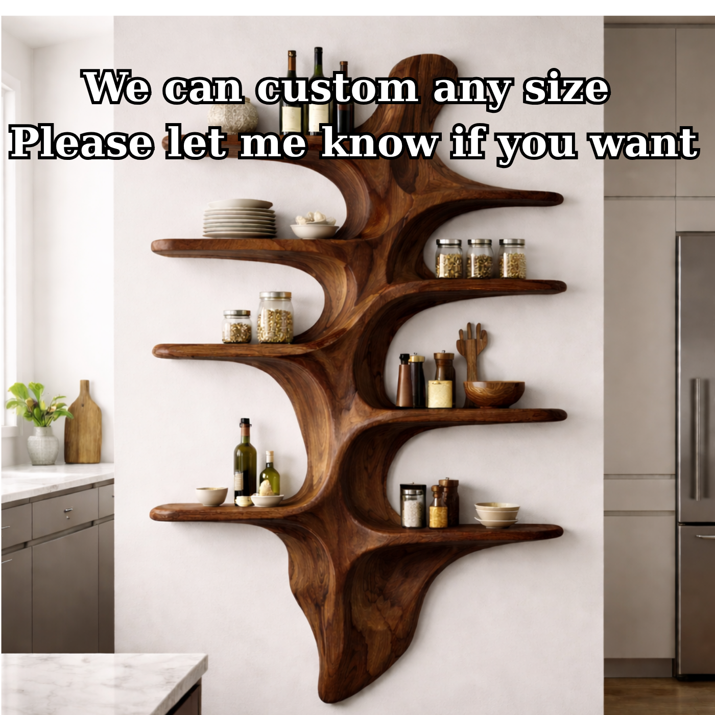 Sculptural Solid Wood Wall Shelf Kitchen Cabinet – Organic Live Edge Floating Storage