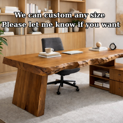 Solid Wood Live Edge Desk with Storage Cabinet – Rustic Modern Executive Office Desk