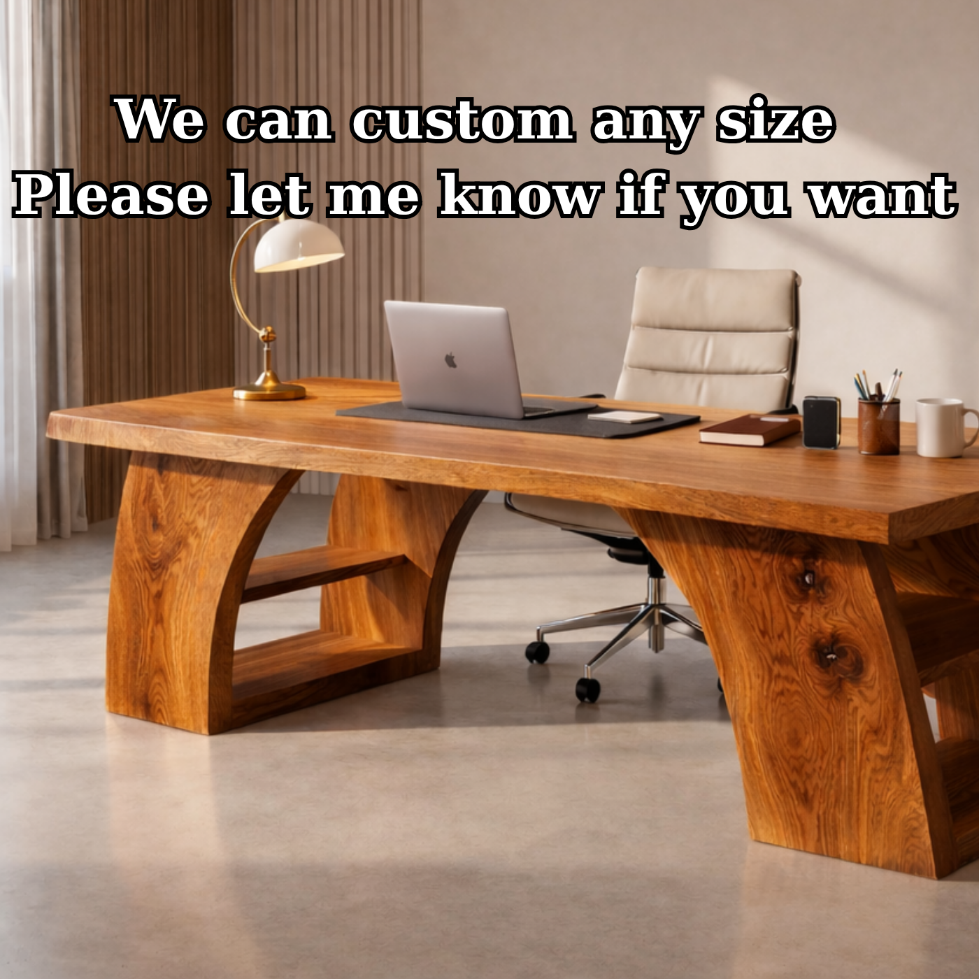 Solid Wood Executive Desk with Sculptural Base and Open Shelf Storage