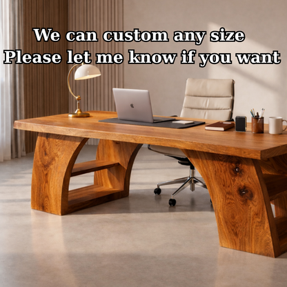 Solid Wood Executive Desk with Sculptural Base and Open Shelf Storage