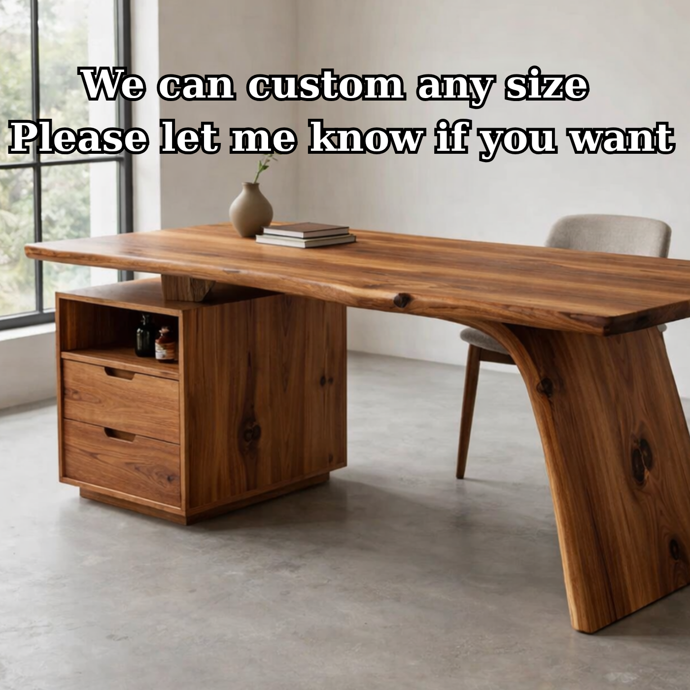 Solid Wood Desk with Live Edge Top and Integrated Drawer Storage