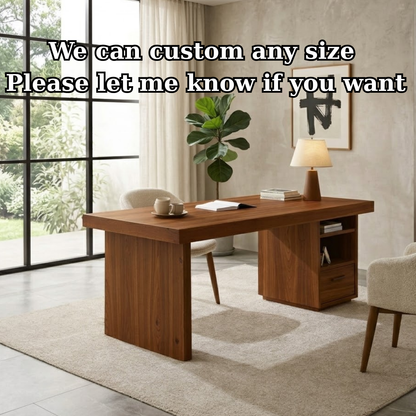 Solid Wood Desk with Thick Slab Top and Built-In Storage Cabinet
