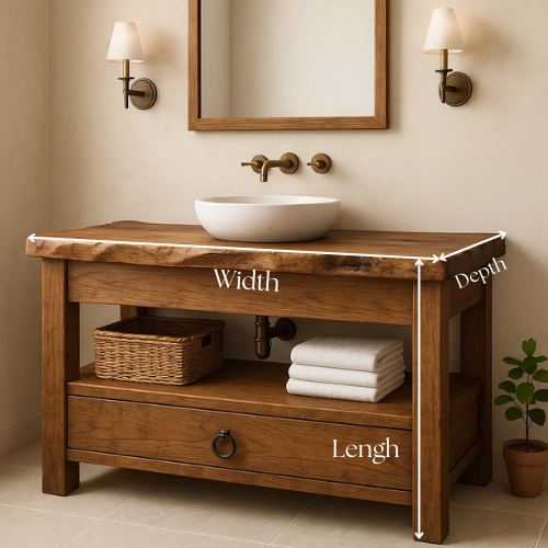 Handcrafted Live Edge Bathroom Vanity – Solid Wood Design with Drawer & Open Shelf – Rustic Farmhouse Vanity for Natural Modern Interiors Kitchnce