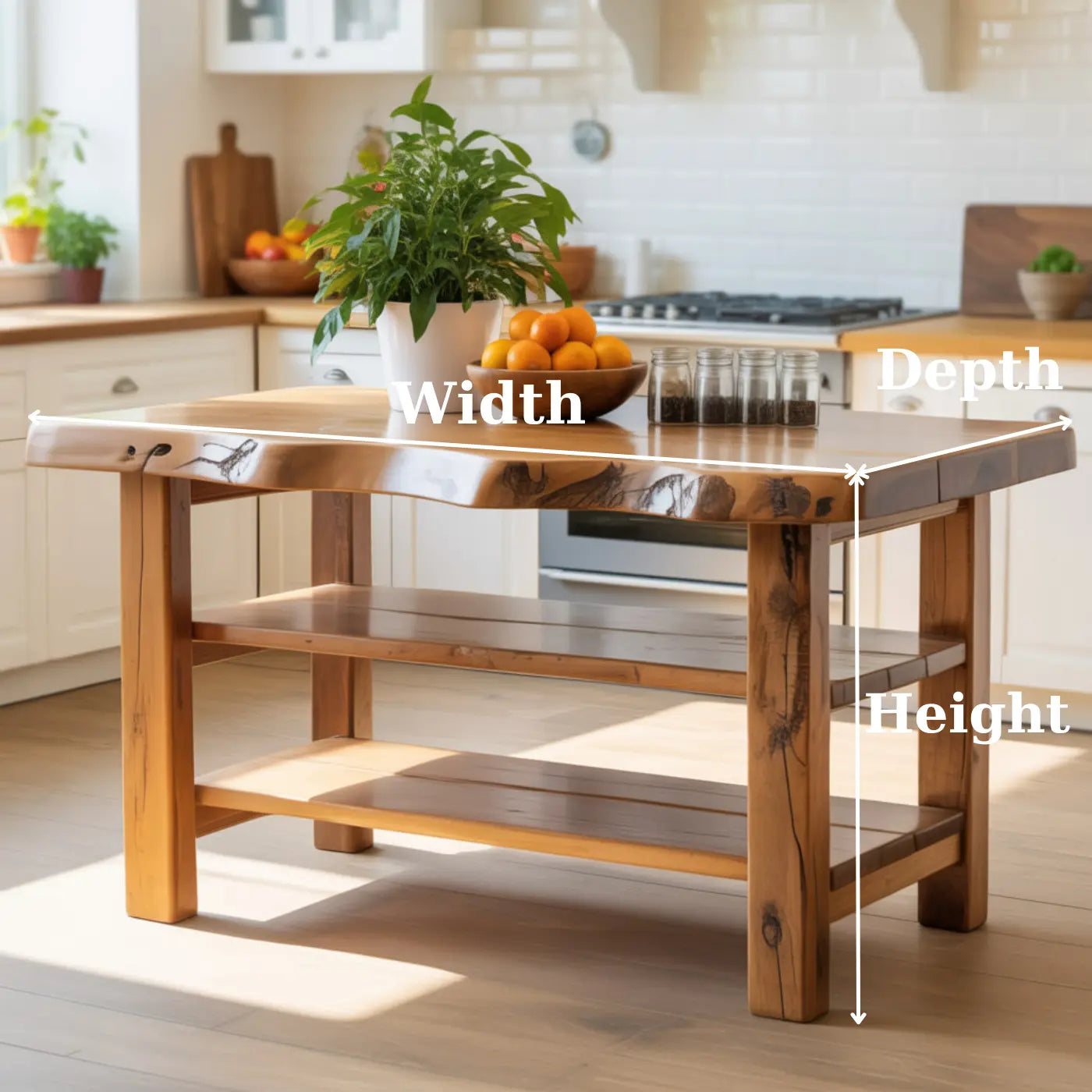 Handcrafted Solid Wood Kitchen Island - Natural Live-Edge Top & Open Shelving Kitchnce