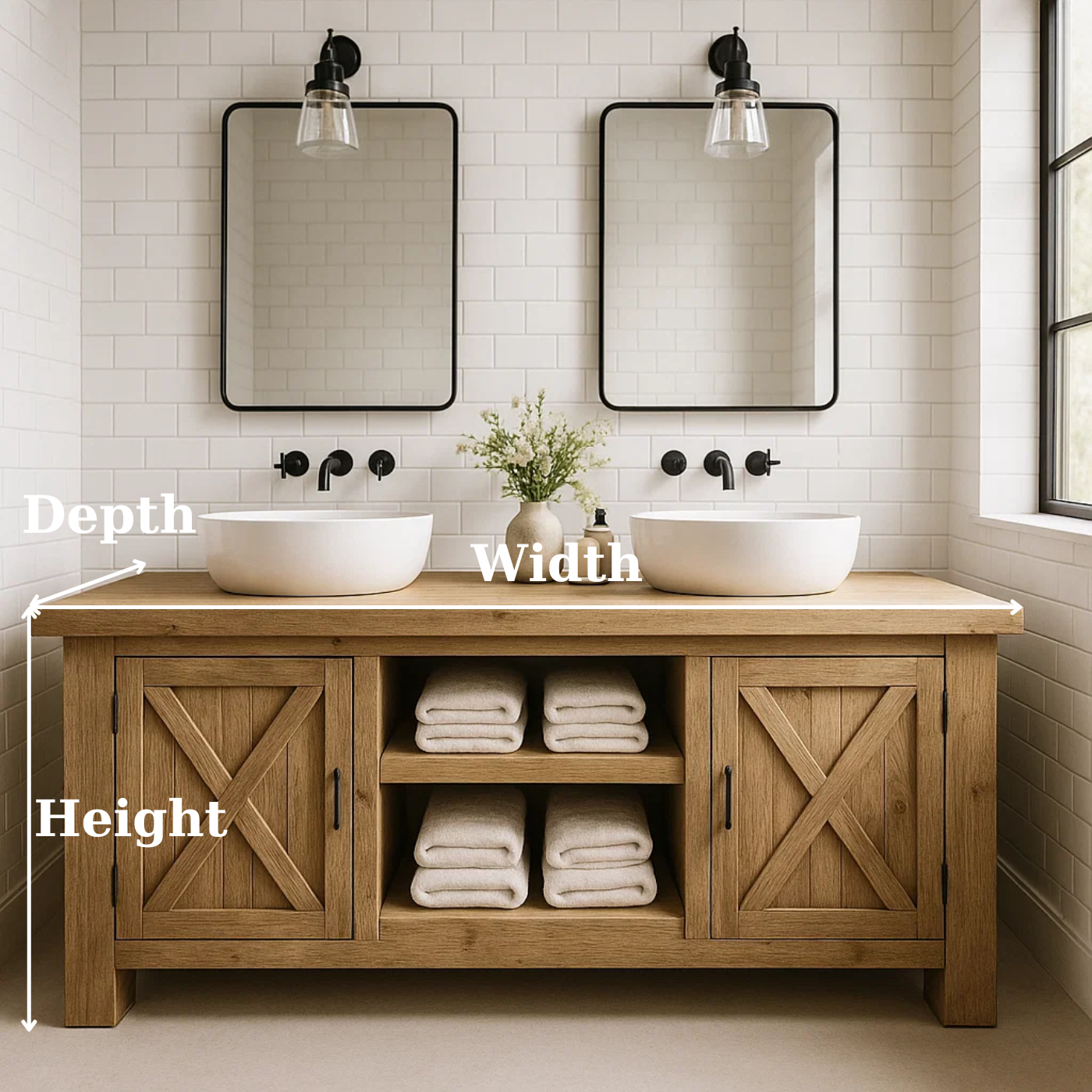 Handcrafted Solid Wood Bathroom Vanity - Farmhouse Double Sink Cabinet - Rustic Oak Storage Furniture Kitchnce