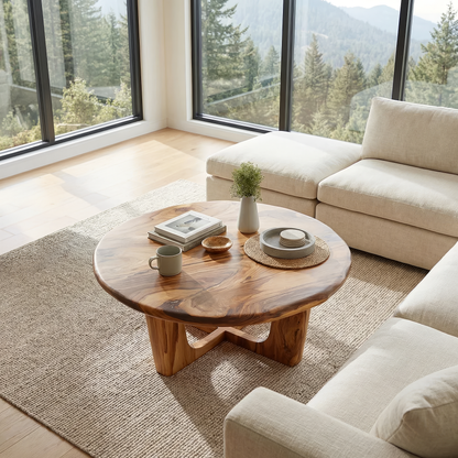 Round Live Edge Coffee Table with Open Cross Base Design