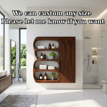 Solid Wood Floating Bathroom Cabinet with Curved Open Shelves & Storage Door