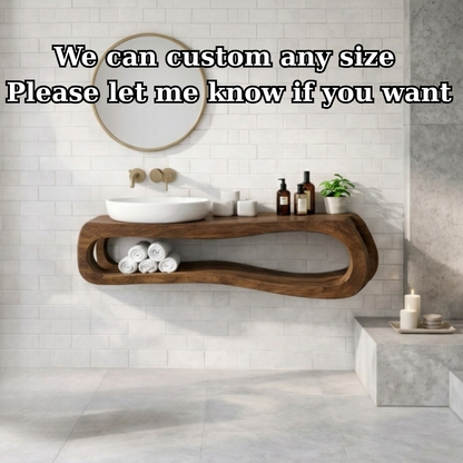 Solid Wood Floating Bathroom Vanity with Open Shelf – Modern Curved Wall Mounted Cabinet