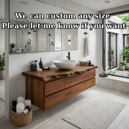 Solid Wood Floating Bathroom Vanity with Live Edge Top – Modern Wall Mounted Cabinet