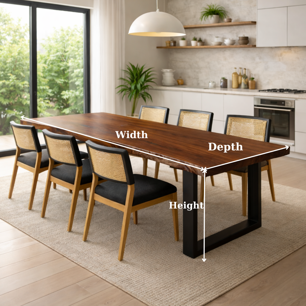 Handcrafted Solid Walnut Dining Table with U-Shaped Steel Base for Minimalist Homes