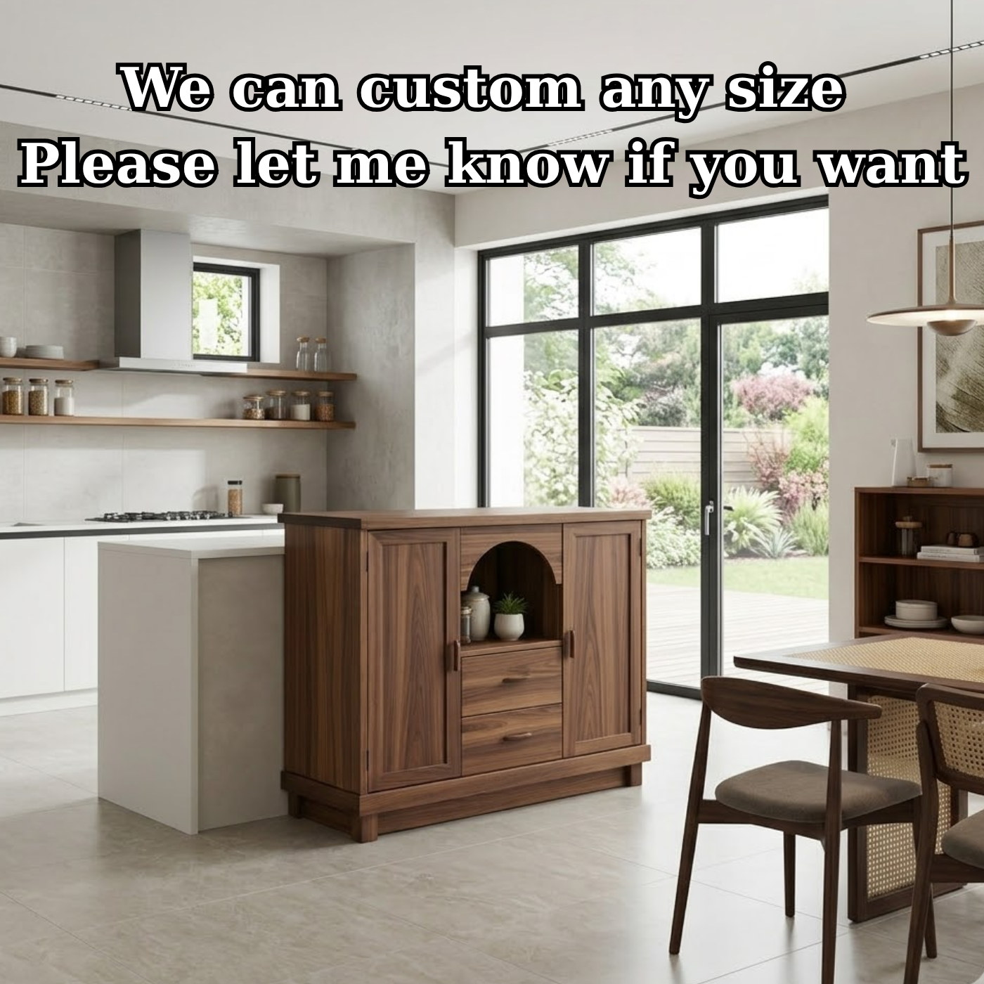 Solid Walnut Kitchen Island with Doors, Drawers & Arched Shelf