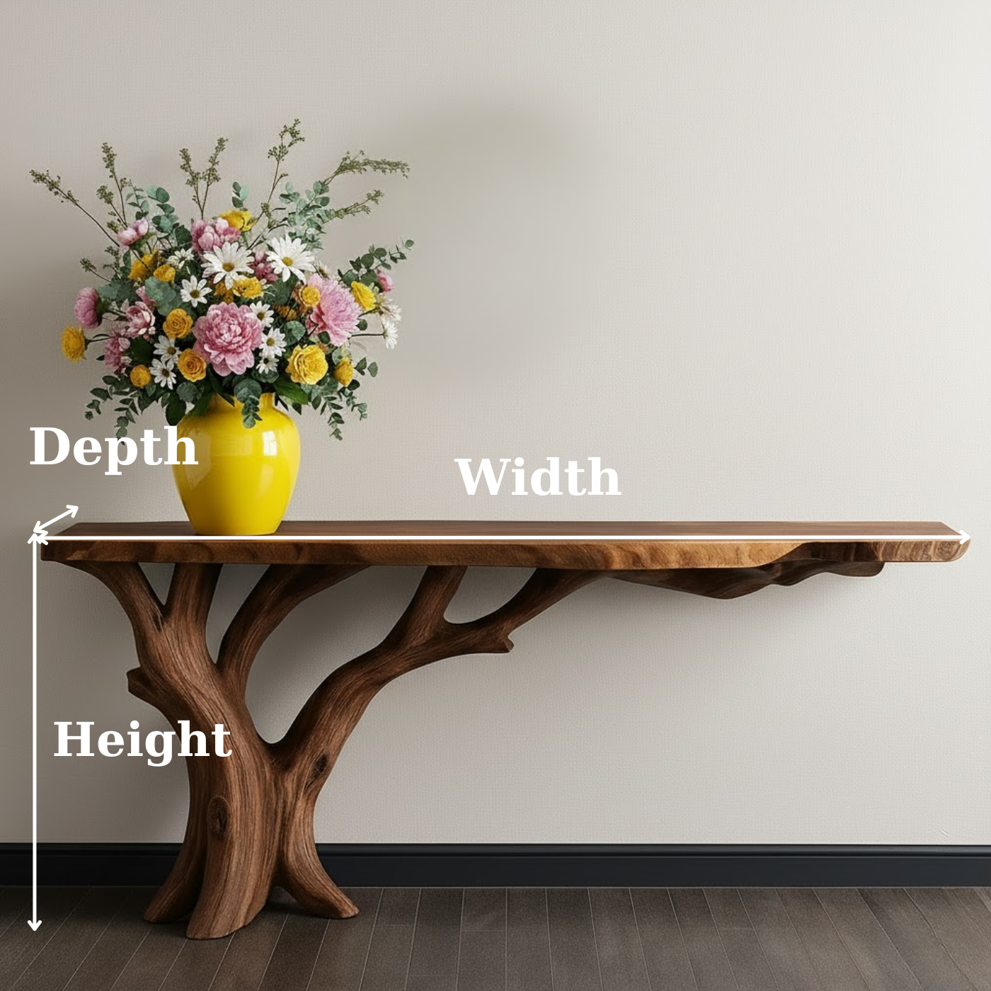 Handcrafted Solid Wood Console Table with Organic Branch Base and Live Edge Top Kitchnce
