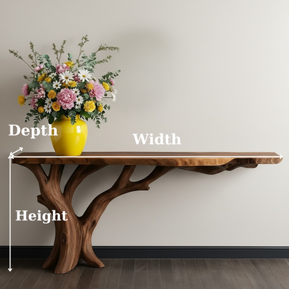Handcrafted Solid Wood Console Table with Organic Branch Base and Live Edge Top Kitchnce