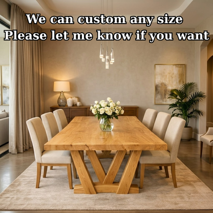 Solid Wood Dining Table with Thick Slab Top & Sculptural V Base Design