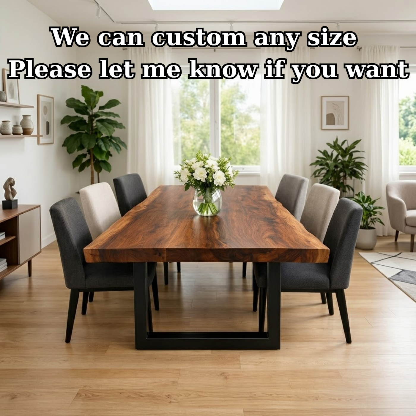 Solid Walnut Dining Table with Metal U-Leg Base – Modern Industrial Wood Table