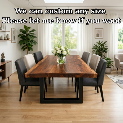 Solid Walnut Dining Table with Metal U-Leg Base – Modern Industrial Wood Table