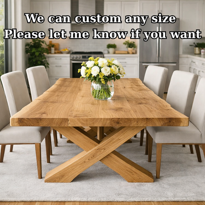 Solid Wood Dining Table with Thick Slab Top & X Base Modern Farmhouse Style