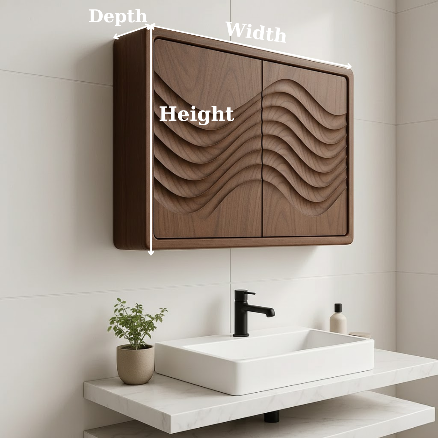 Handcrafted Solid Wood Wall Cabinet with Sculpted Wave Doors – Modern Artistic Bathroom Storage Kitchnce