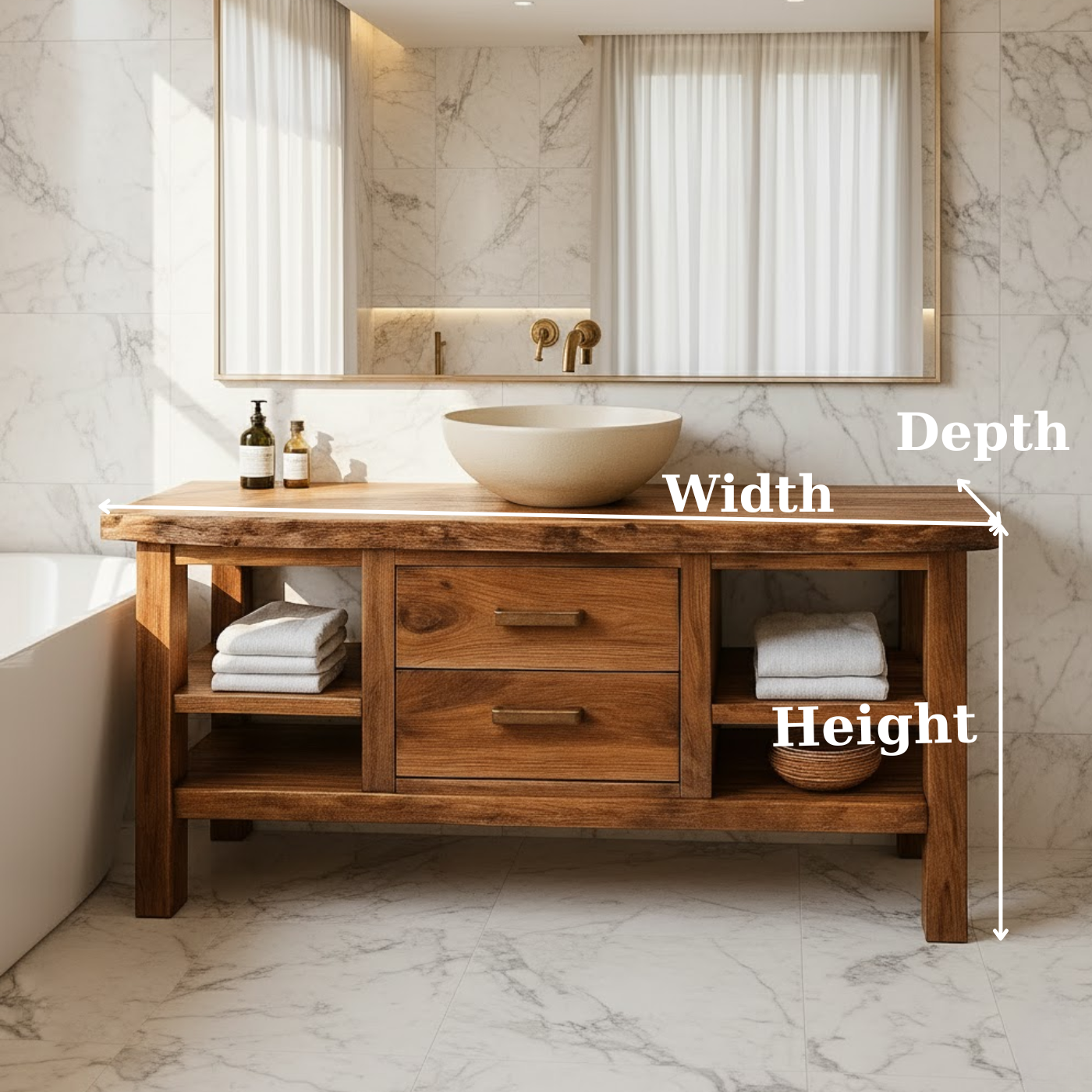 Handcrafted Solid Wood Bathroom Vanity - Live Edge Top, 2 Drawers & Open Frame Shelving Kitchnce