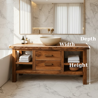 Handcrafted Solid Wood Bathroom Vanity - Live Edge Top, 2 Drawers & Open Frame Shelving Kitchnce