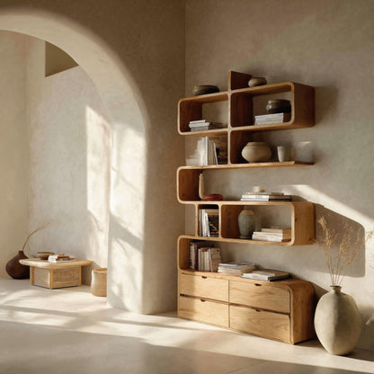 Minimalist Bookshelf With Curved Lines And Storage For Living Kitchnce