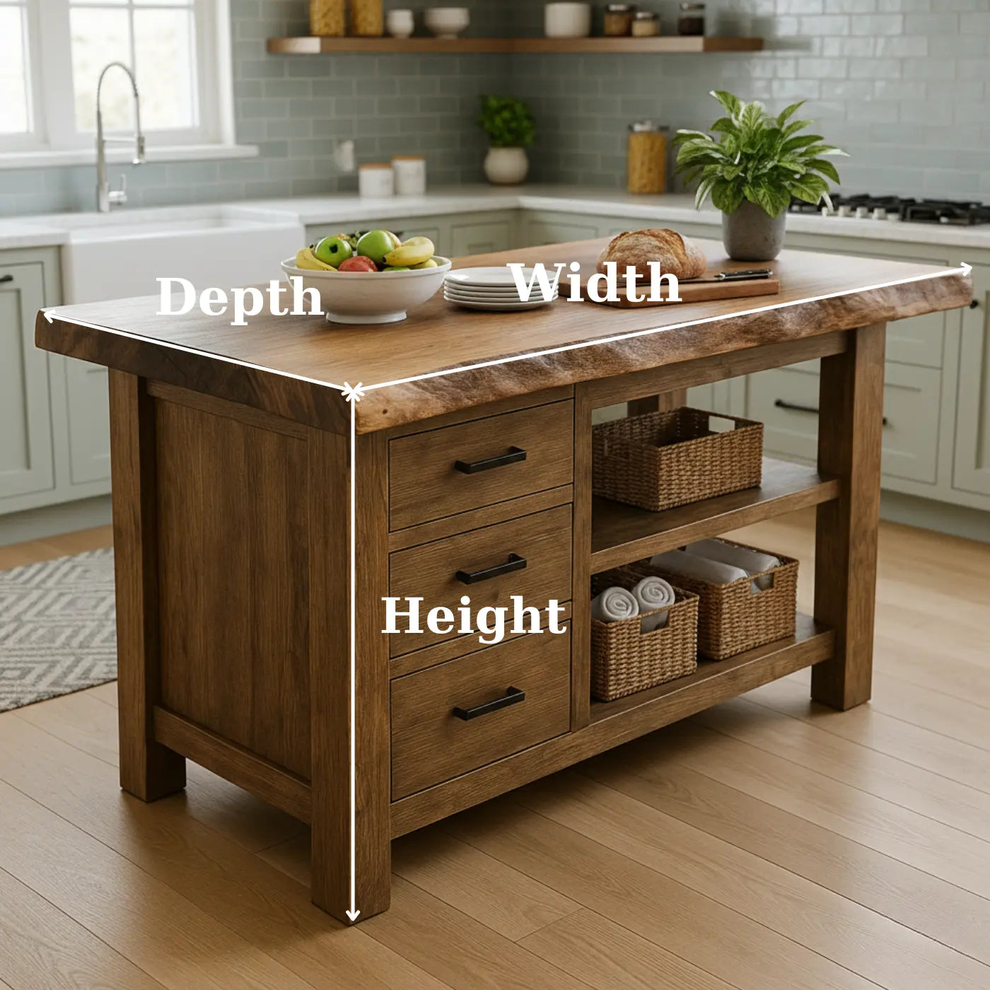 Handcrafted Solid Wood Kitchen Island - Live Edge, Drawers & Open Shelves Kitchnce