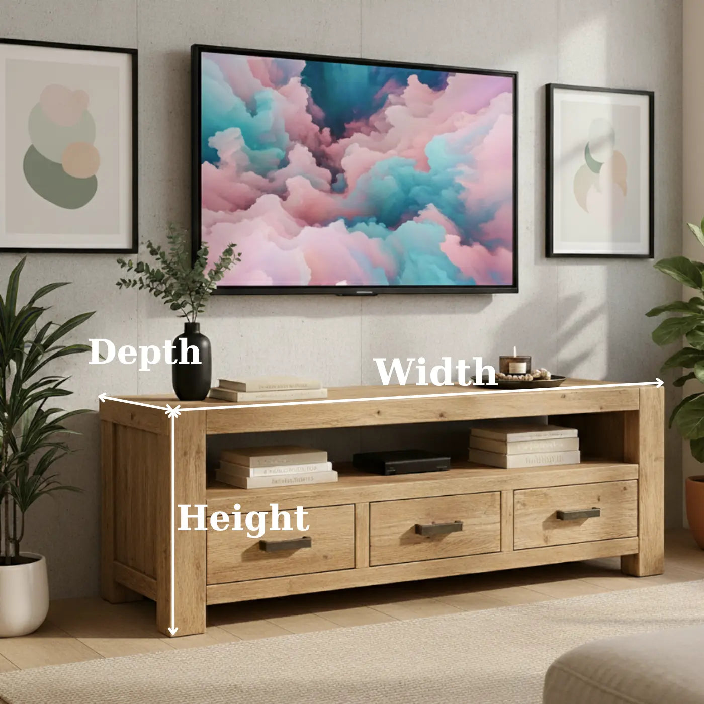 Handcrafted Solid Wood TV Stand - Chunky Rustic Media Console with 3 Drawers & Shelf Kitchnce