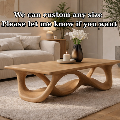 Solid Wood Coffee Table with Sculptural Wave Base in Light Oak Finish