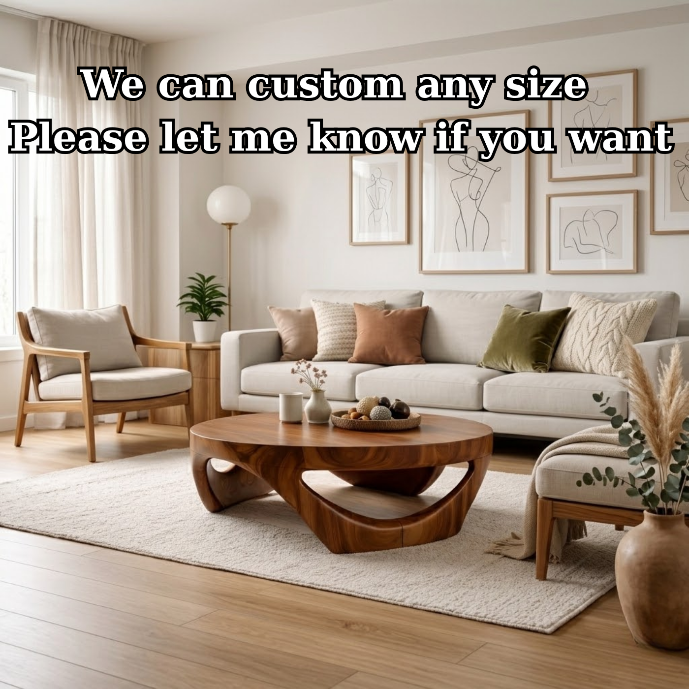 Round Solid Wood Coffee Table with Sculptural Base in Deep Walnut Finish