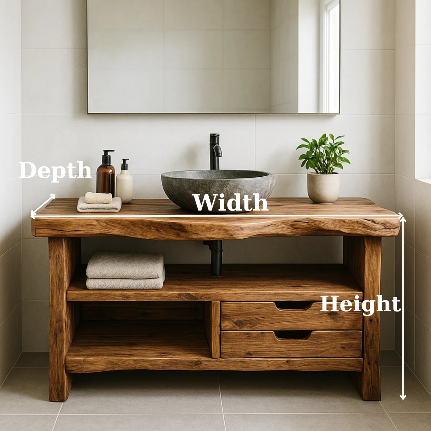 Handcrafted Solid Wood Bathroom Vanity, Rustic Live Edge Console with Storage Kitchnce