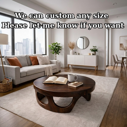 Round Solid Wood Coffee Table with Sculptural Base and Rich Walnut Finish