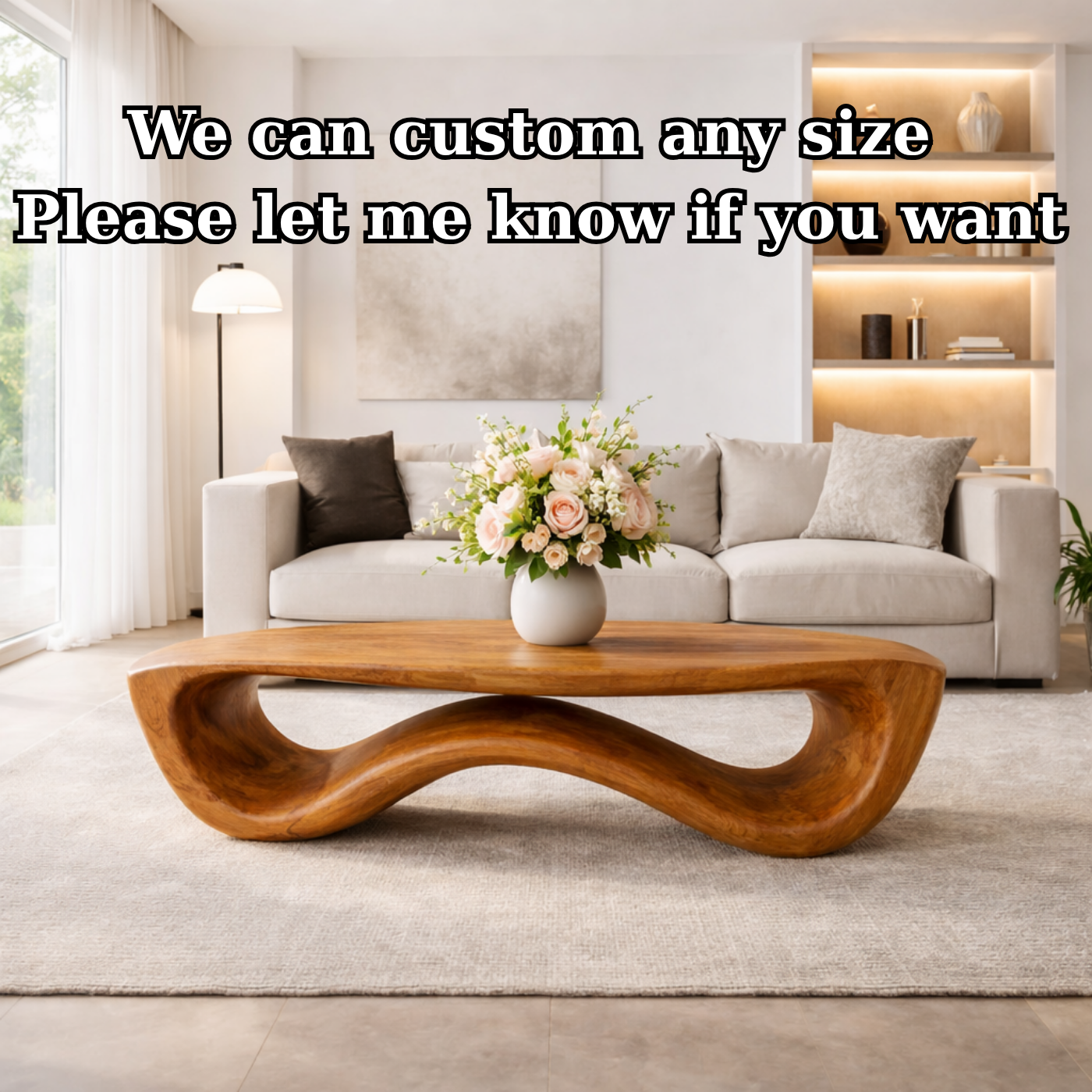 Organic Solid Wood Coffee Table with Sculptural Wave Base and Natural Finish