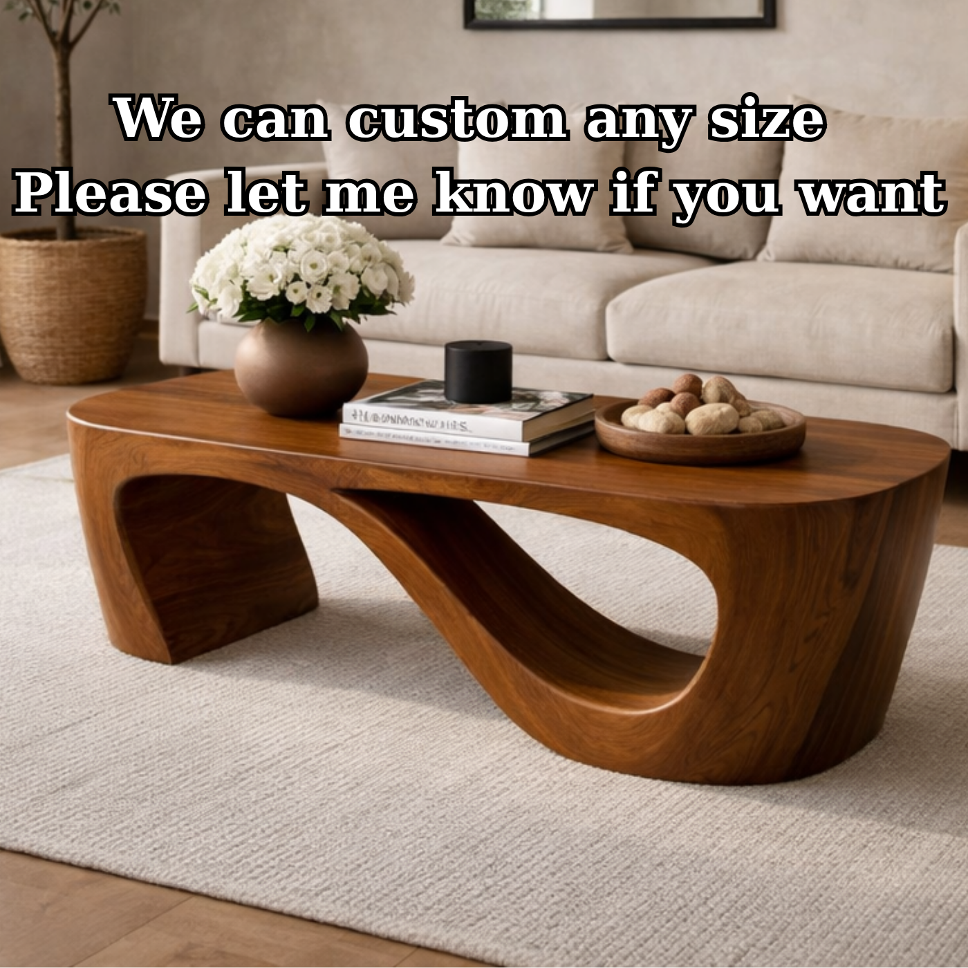 Solid Wood Coffee Table with Sculptural Curved Base and Organic Minimal Design